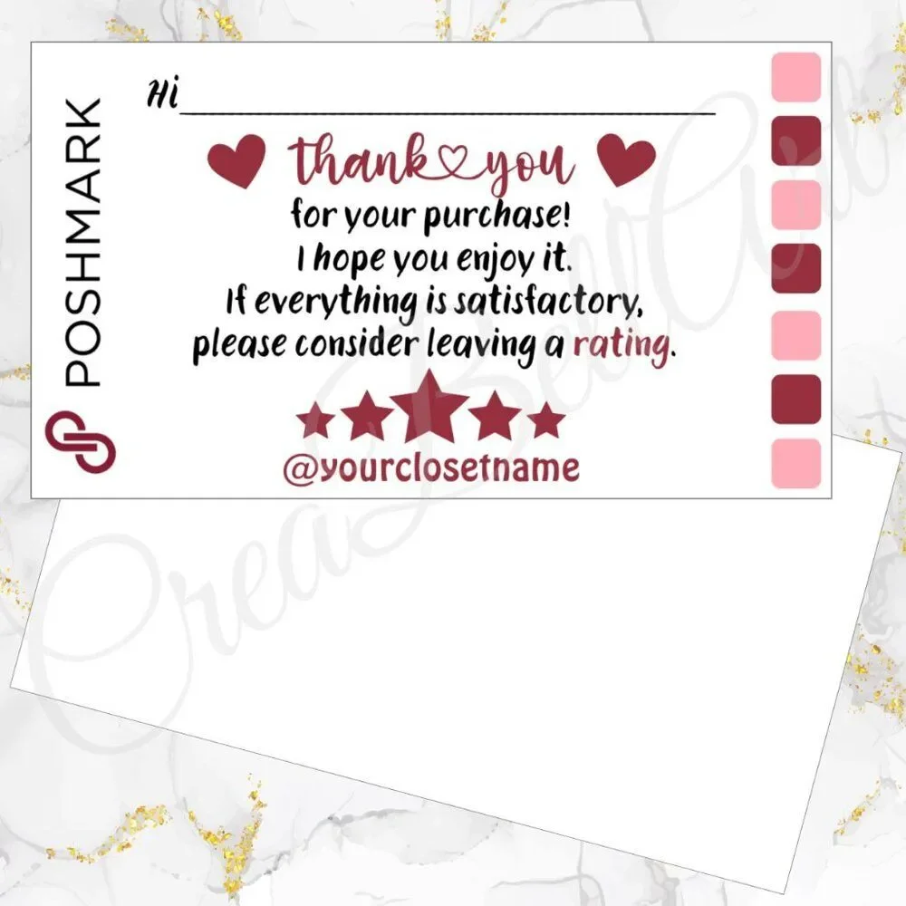 100 Pack POSHMARK THANK YOU Cards Perzonalized 3.5